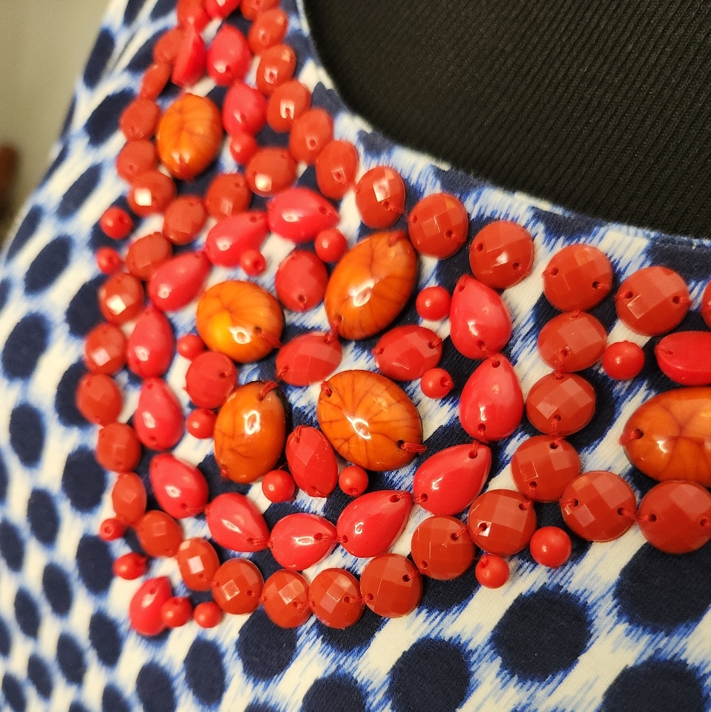 Ruby Rd. Navy and White Polka Dot Adorned w/ Red Beads Size XL